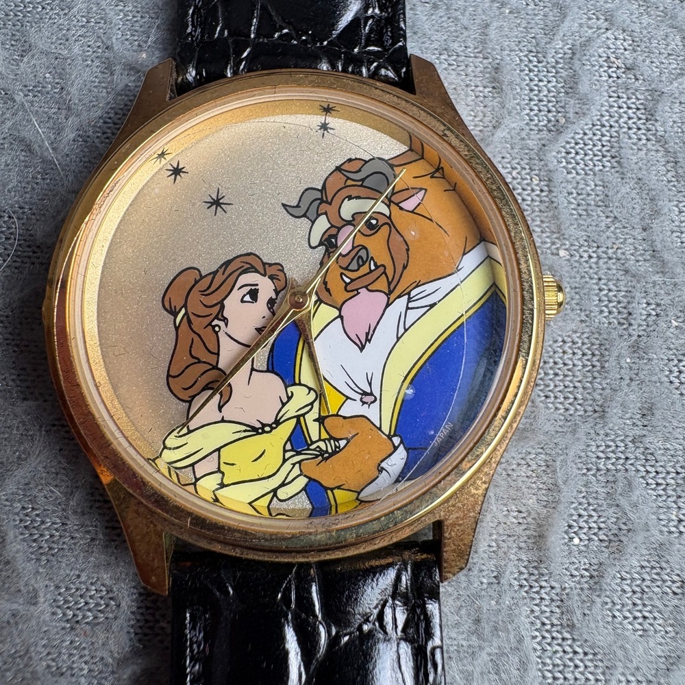 Vintage 1990s Disney Beauty and the Beast Musical Quartz Watch Gold Tone Leather